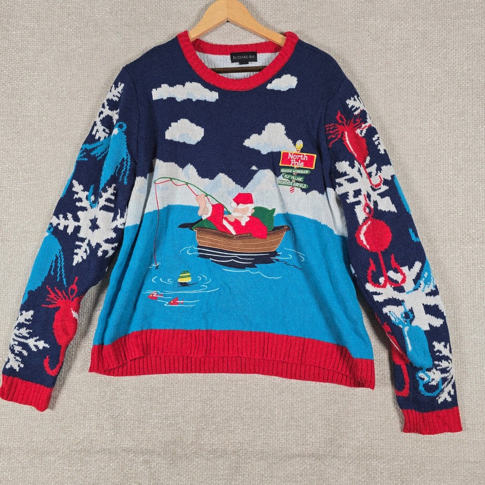 Blizzard Bay‎ Mens XL Fishing Santa Ugly Christmas Sweater Blue Red North Pole